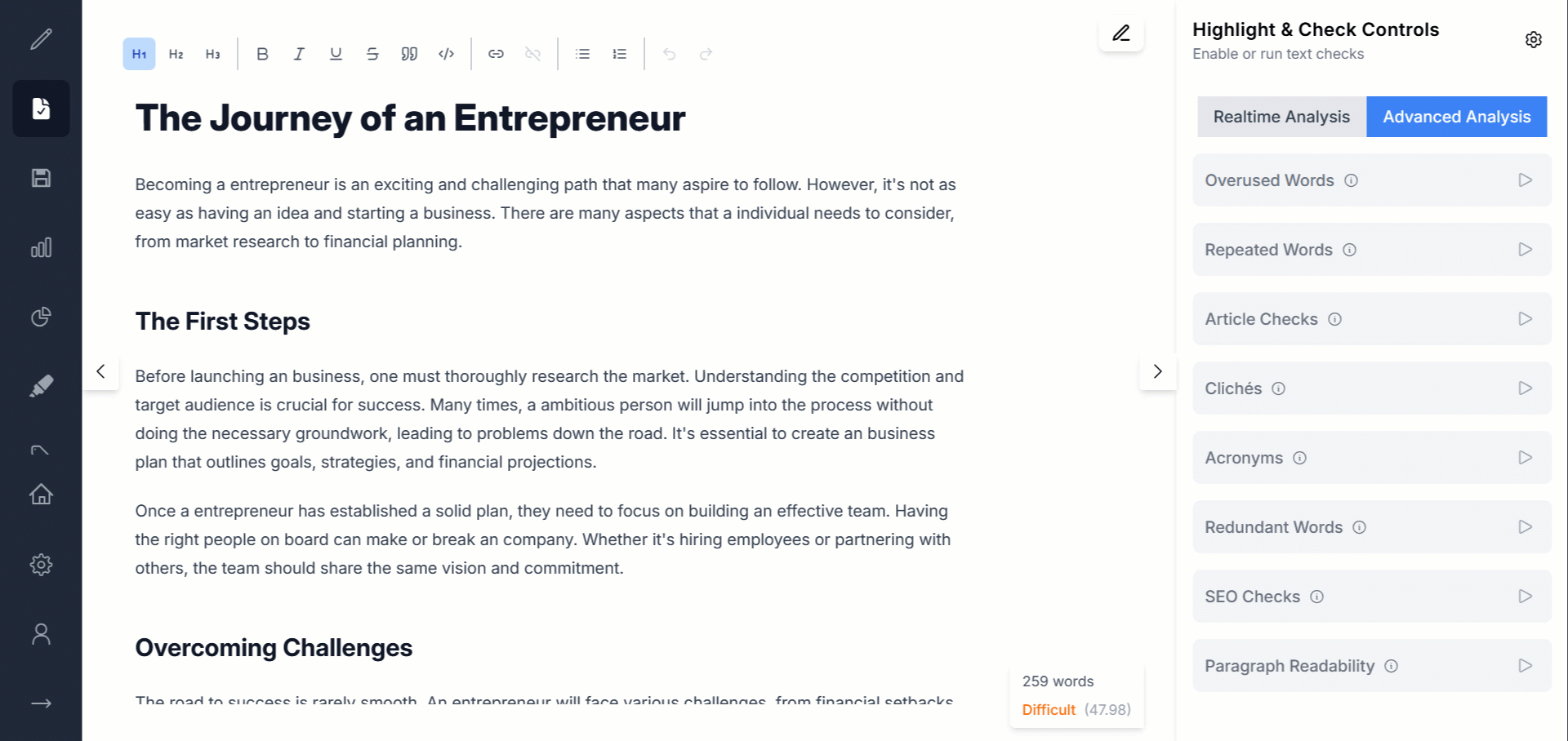 Running Article Checks in Gorby: wrong articles like “a entrepreneur” and “an business” are underlined in an article about entrepreneurs, and the results panel lists each one with Select and Fix buttons.