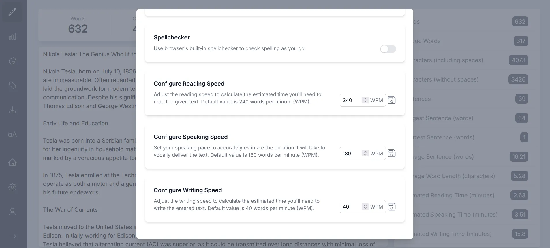 Screenshot of settings for configuring reading, speaking, and writing speeds