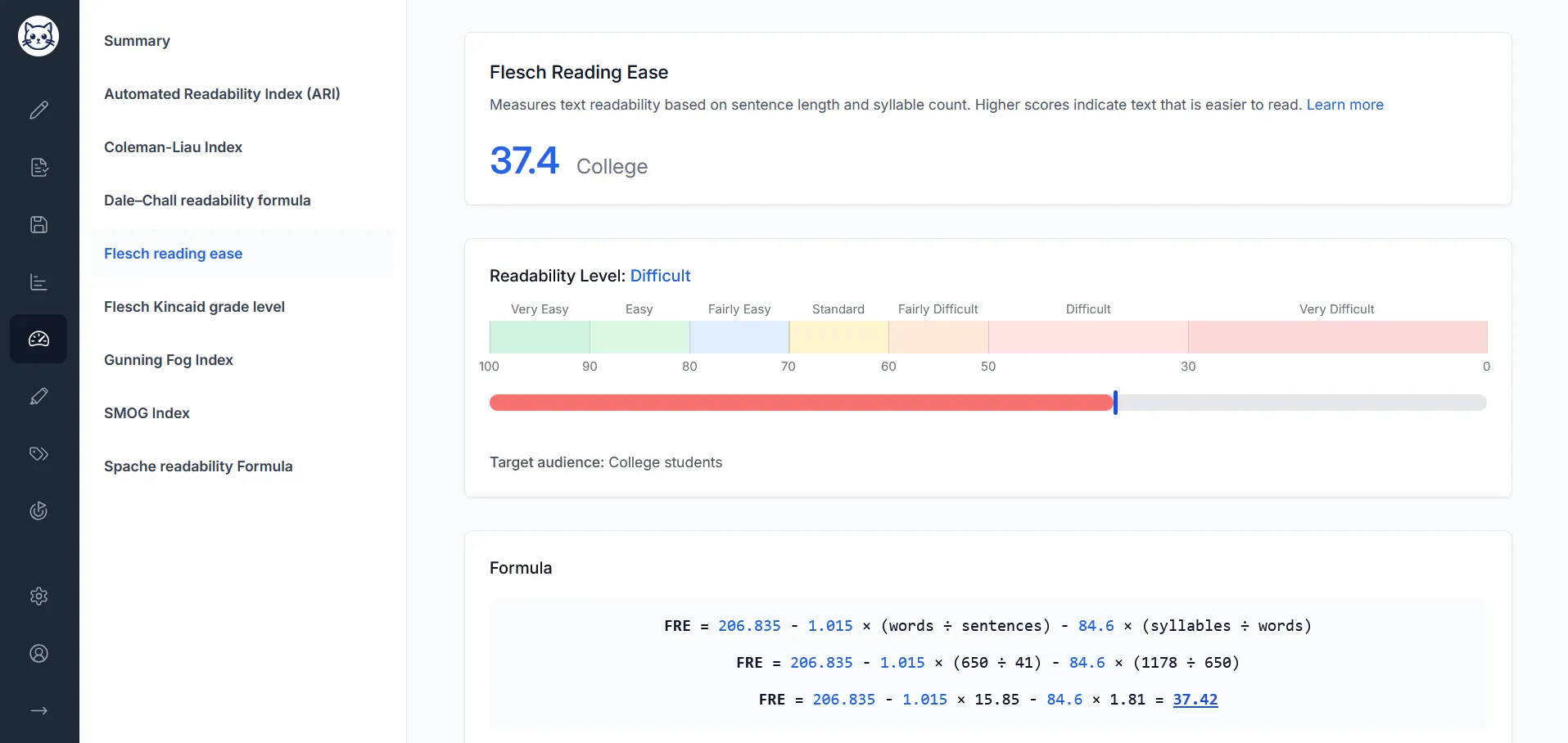 Flesch Reading Ease detailed display
