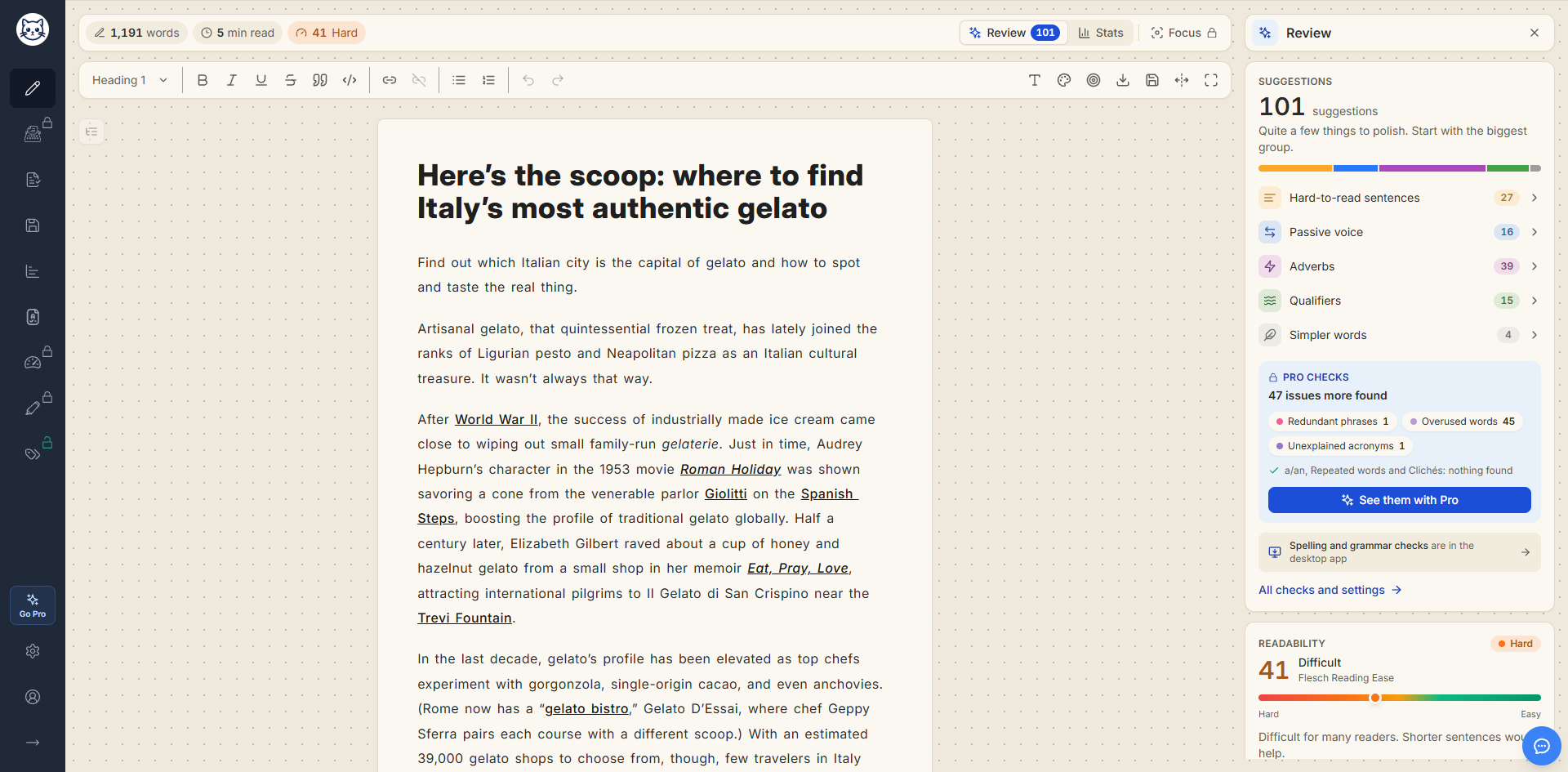 Gorby's Write view with an article about where to find authentic gelato in Italy. The top bar shows 1,191 words, a 5 minute read, a readability score of 41 (Hard), and a Review button with 101 suggestions. The Review panel lists hard-to-read sentences, passive voice, adverbs, qualifiers, and simpler words, 47 more issues from the Pro checks, and a readability card with a Flesch Reading Ease of 41.