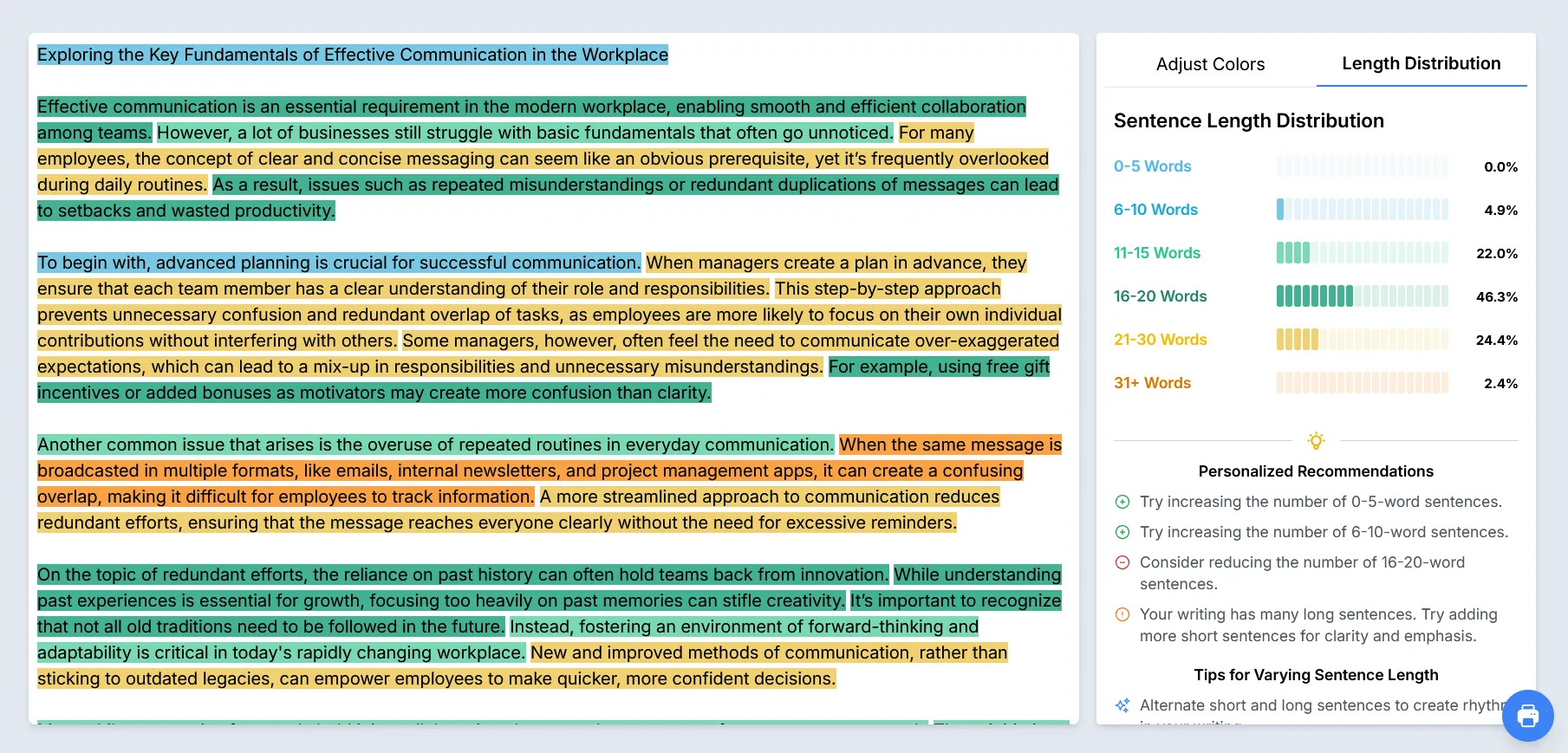 Screenshot of sentence length distribution