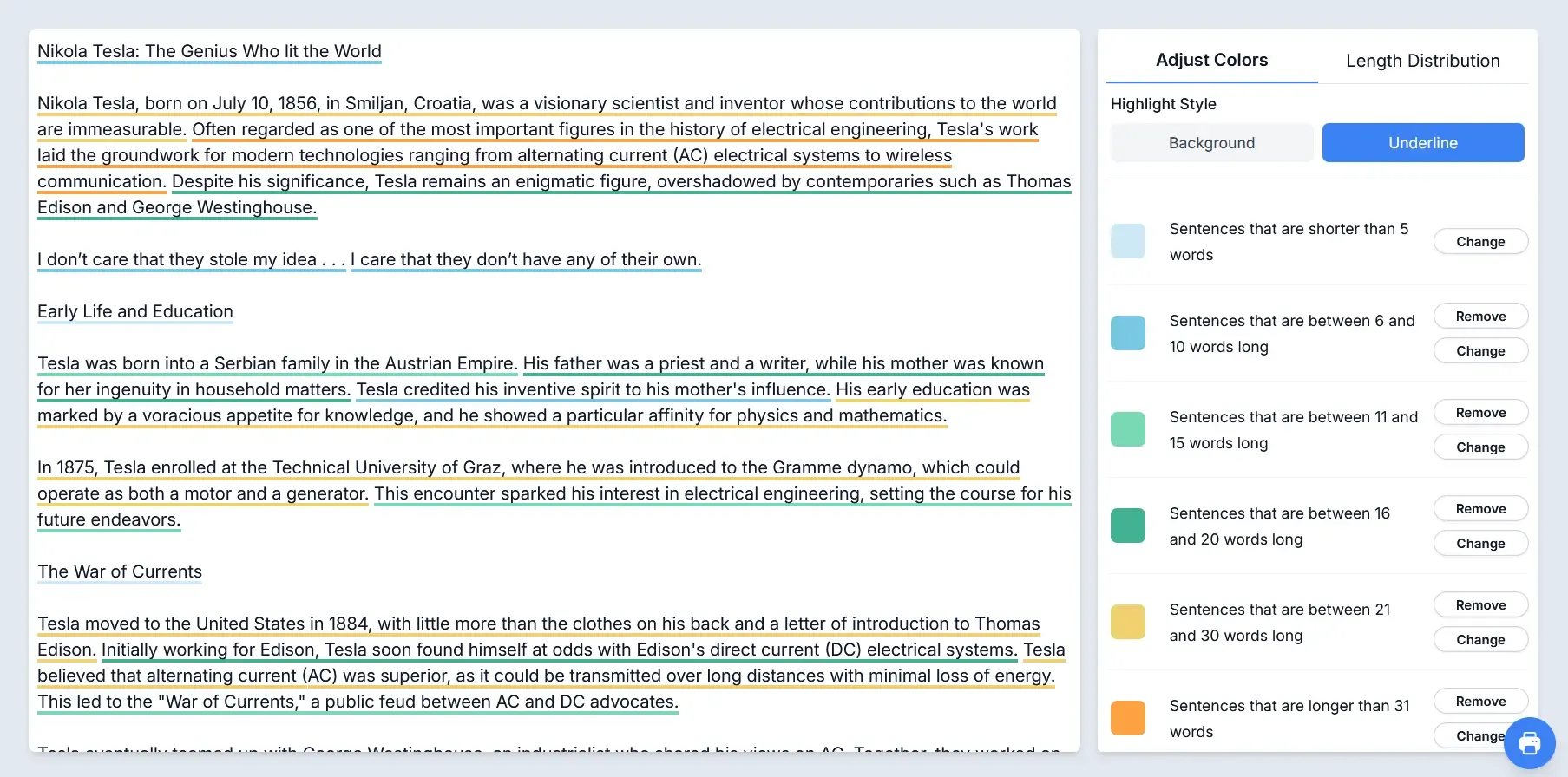 Screenshot of sentence highlighter feature