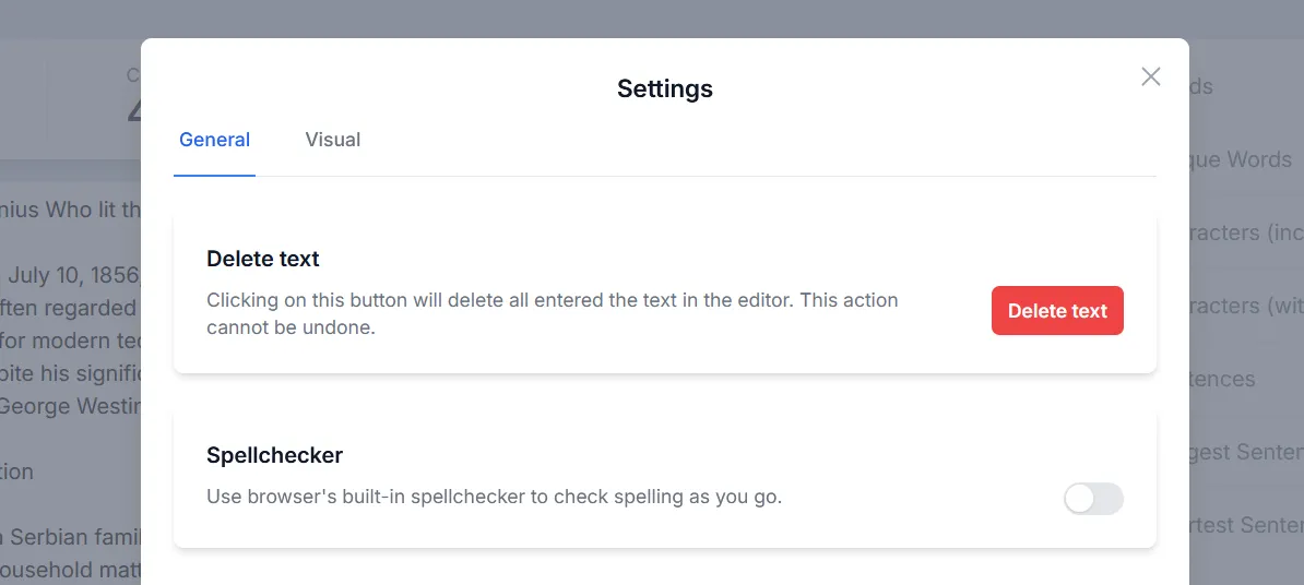 Settings for enabling spellchecker and deleting text