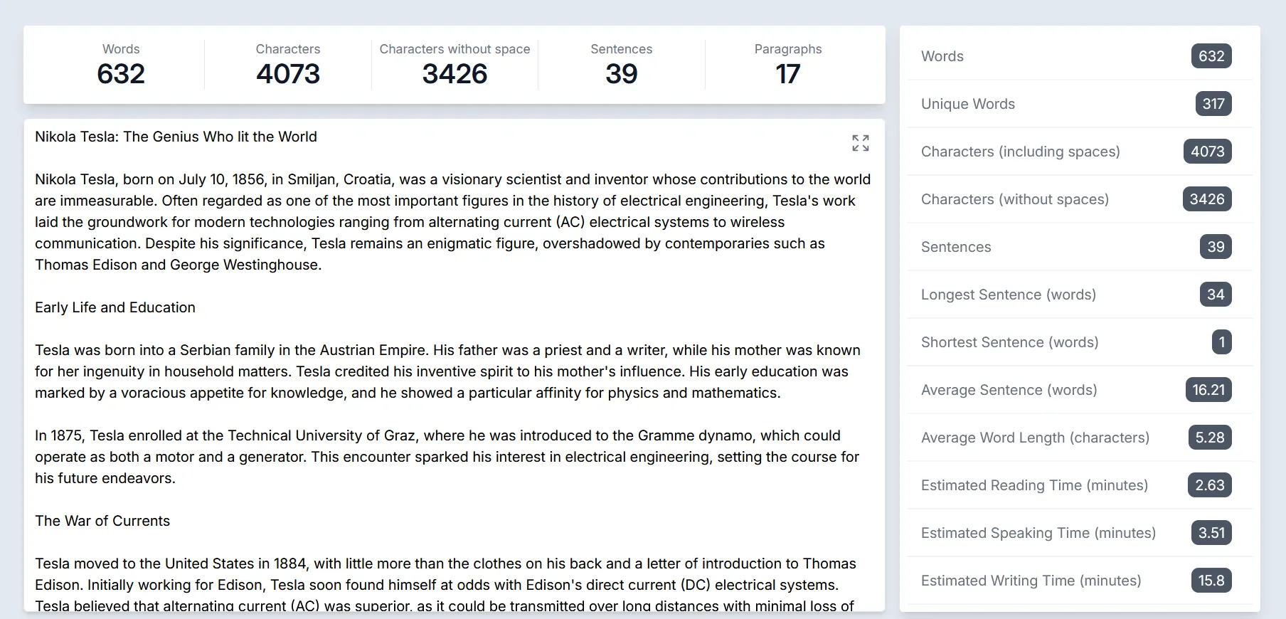 Screenshot of Text Statistics Feature