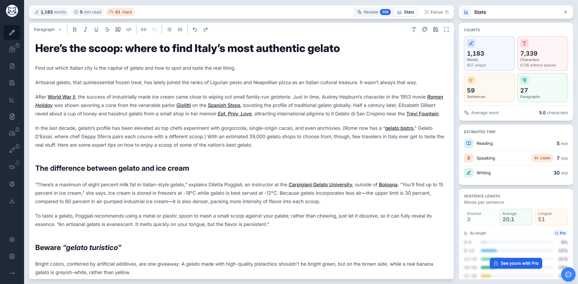 Gorby's Write view with an article about where to find authentic gelato in Italy. The top bar shows 1,183 words, a 5 minute read, and a readability score of 41 (Hard), and the Stats panel lists 7,339 characters, 59 sentences, 27 paragraphs, estimated times, and sentence lengths.