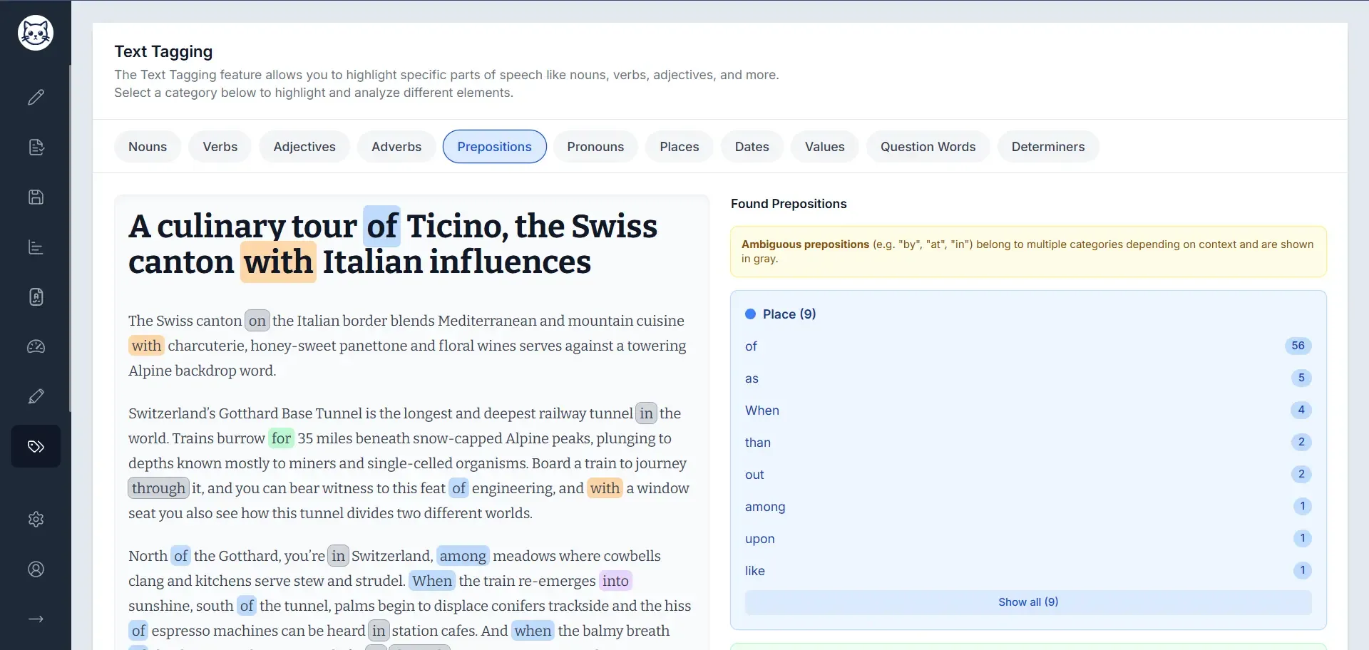 Screenshot of text tagging feature