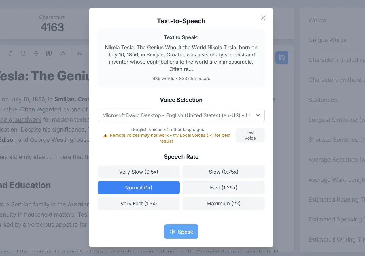 Screenshot of text-to-speech interface with voice and speed controls