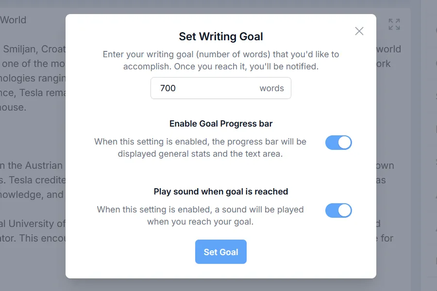 Screenshot of Setting Writing Goal