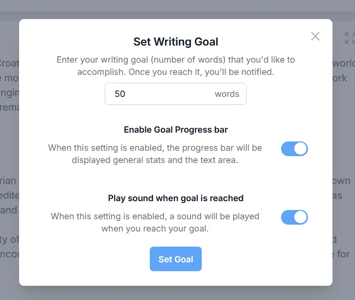 Screenshot of setting writing goals feature