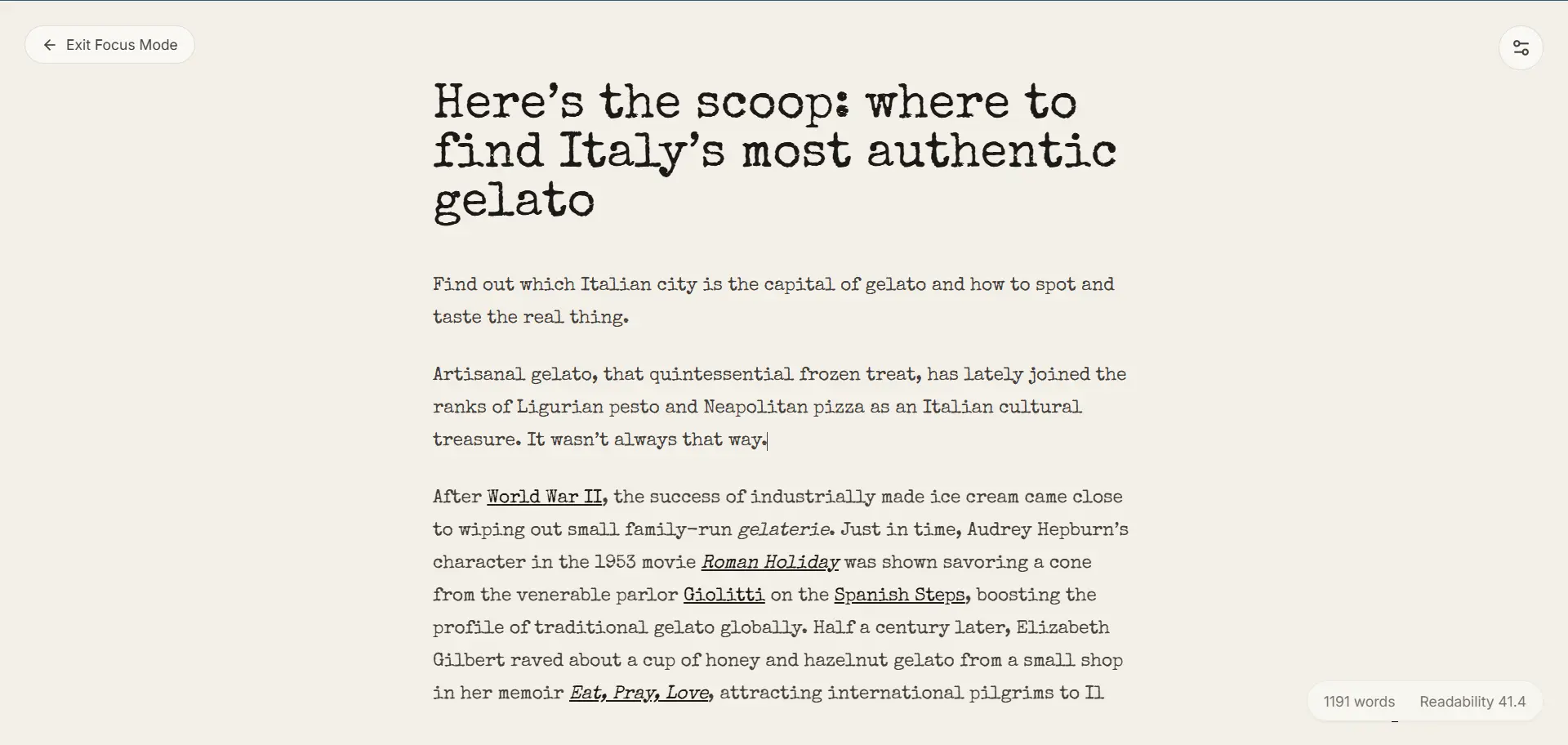 Gorby Focus Mode showing the full-screen writing canvas, floating exit button, settings button, and ambient footer stats.