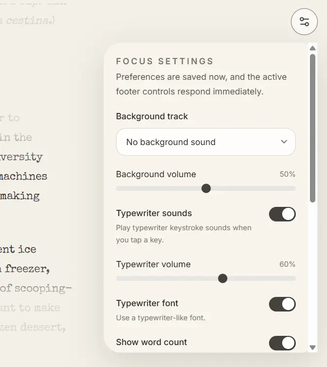 Focus Mode screenshot showing some of the settings.