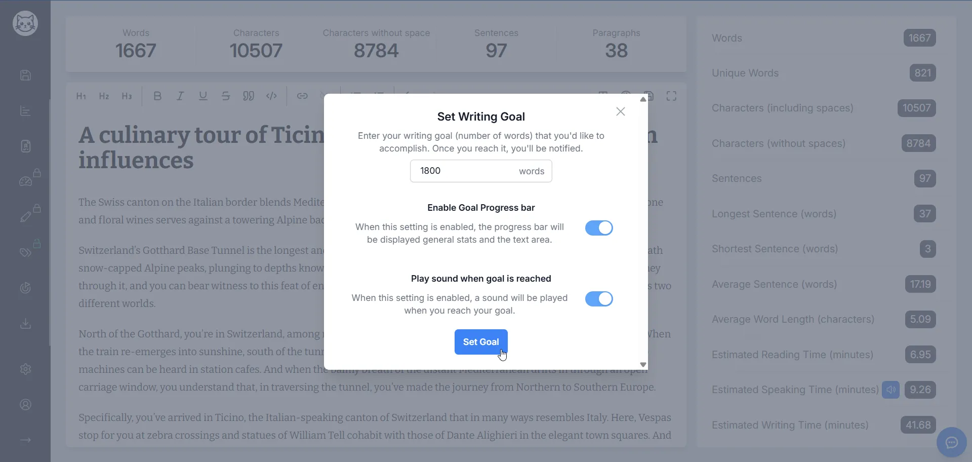 Writing Goals Feature Interface