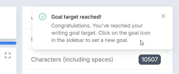 Goal reached notification displayed in the top-right corner