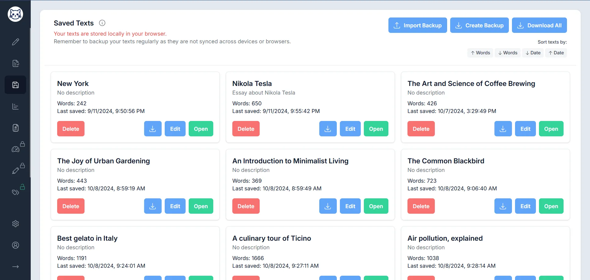 Saved Texts Feature Interface