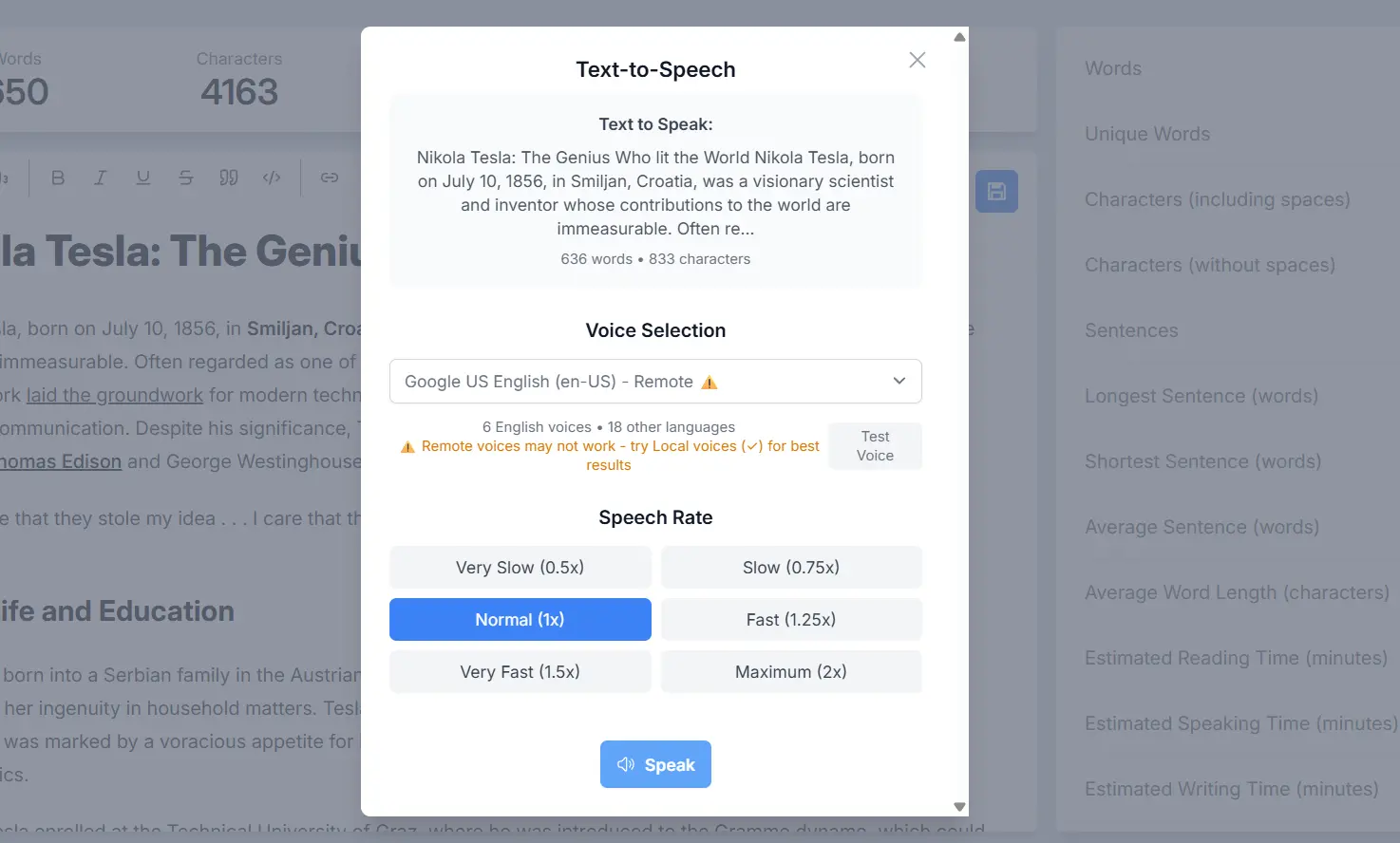 Listen to your text with customizable voice and speed settings Text-to-Speech Feature Interface