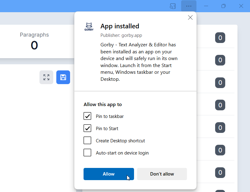 Edge installation options dialog