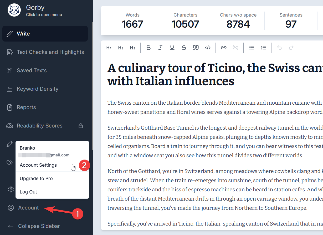 Opening the Account page in Gorby