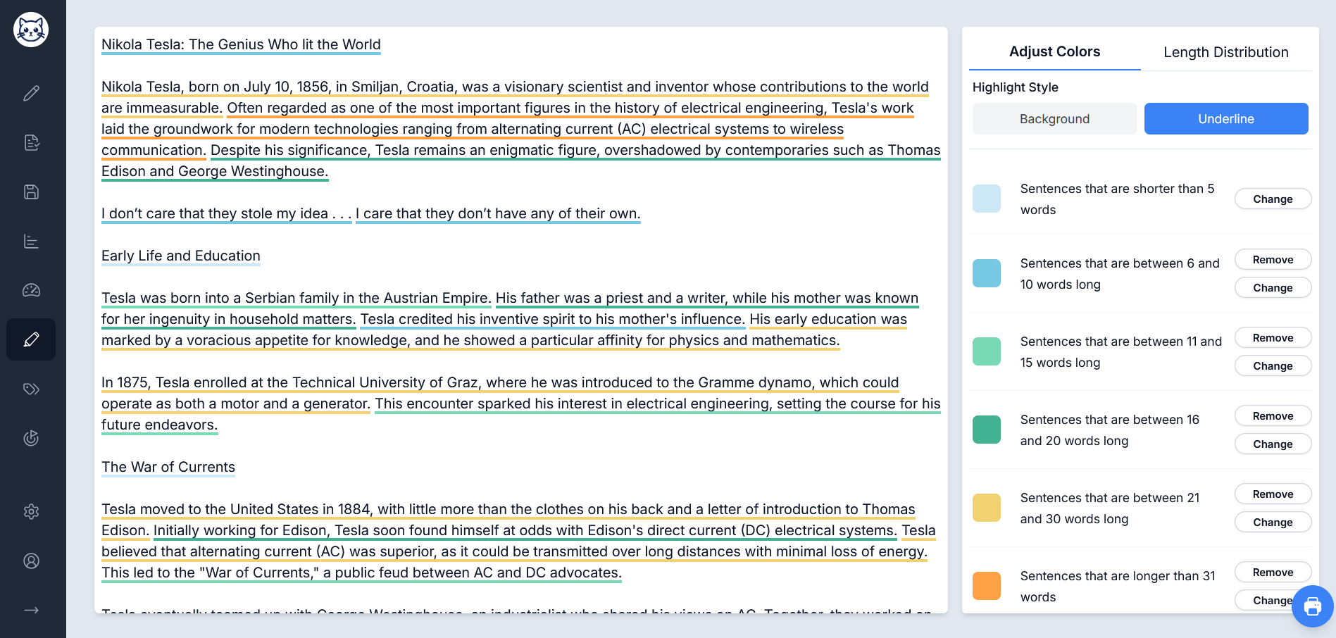 Sentence highlighter feature screenshot