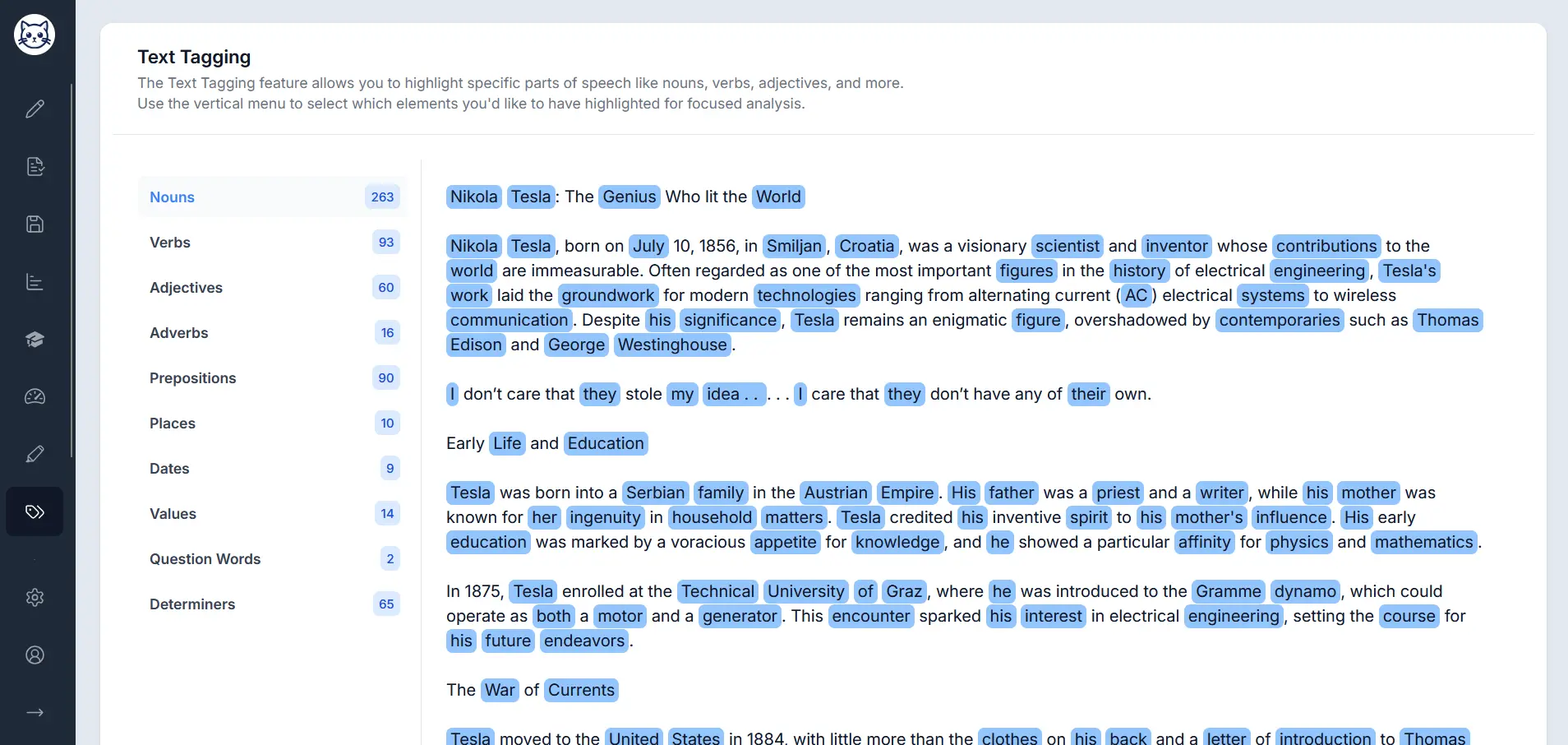 Text tagging feature showing parts of speech analysis